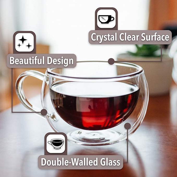 BTaT- Double Walled Espresso Cups, 6 oz, Set of 4, Clear Coffee Mugs, Double Wall Insulated Espresso Cups, Small Coffee Mugs for Tea, Lattes, Macchiatos, Hot & Cold Beverages, Microwave Safe