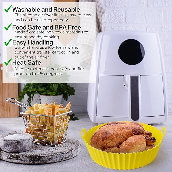 2 Pack Silicone Round Air Fryer Basket Liner Tray With Handles & Holes, 360° Circulation, Washable, Food Safe, BPA Free, Replace Parchment Paper, Easy Cleaning (Gray & Yellow, >6.8QT)