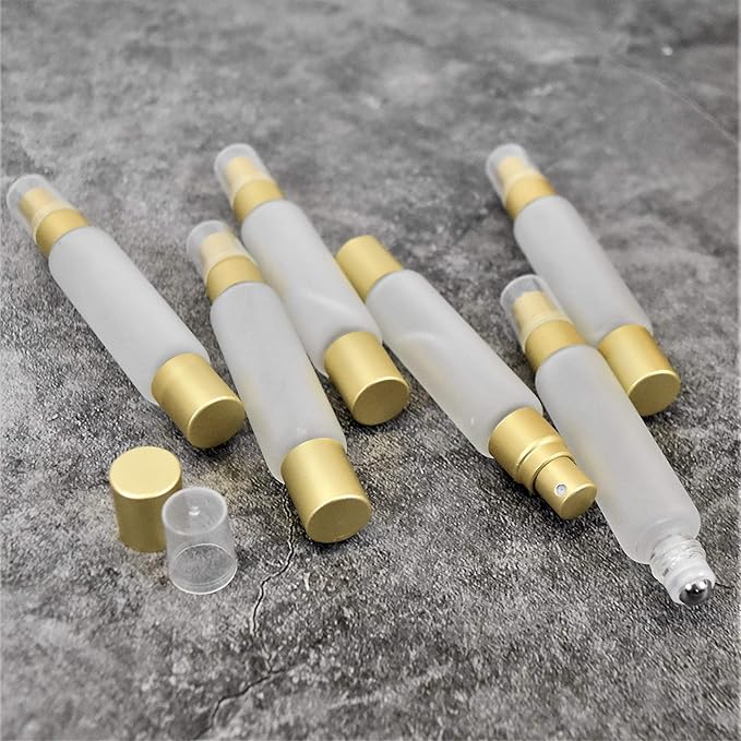 6-Pack Frosted Clear Glass Bottles with Dual Ends – Sprayer & Roller Tops – Leakproof, Quality Essential Oil & Perfume Bottles with Elegant Gold Accents – Refillable Custom Blend Containers