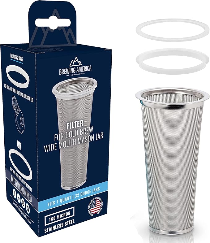 Brewing America Cold Brew Filter for Mason Jar Wide Mouth Coffee Maker, UPGRADED Stainless Steel Mesh with 2 Silicone Seals (1 Quart 32 Ounces)