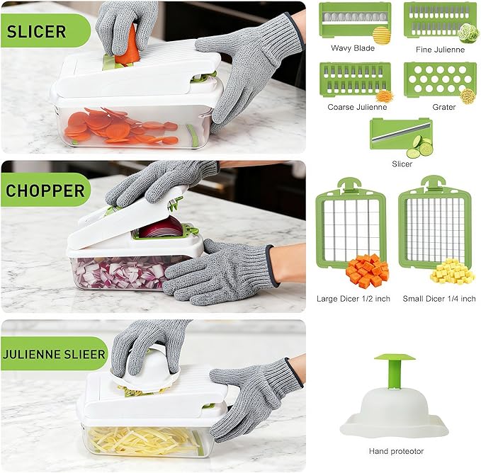 Mandoline Slicer for Kitchen, Vegetable Chopper & Dicer, Professional Food Slicer with Stainless Steel Blades, Safe Veggie Chopper for Onion Potato Carrot Fruit, Easy to Clean