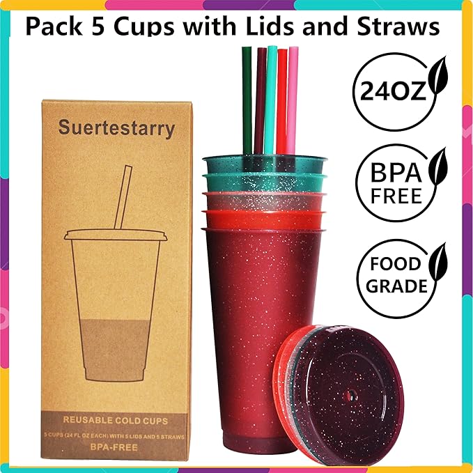 Suertestarry Tumbler with Straw and Lid,Water Bottle Iced Coffee Travel Mug Cup,Reusable Plastic Cups,Perfect for Parties,Birthdays… (Rainbow, 5pack) | with Lids and Straws, Water Bottle, Iced Coffee, Travel Mug Cup, Reusable Cups, Perfect for Parties