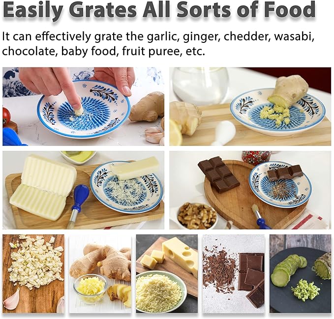 Ceramic Garlic Grater Plate - Handmade 4 Pcs Press - Natural Grinder - Decorative Mincer - Ginger, Cheese Grater - Hand Dish for Garlic (Blue)