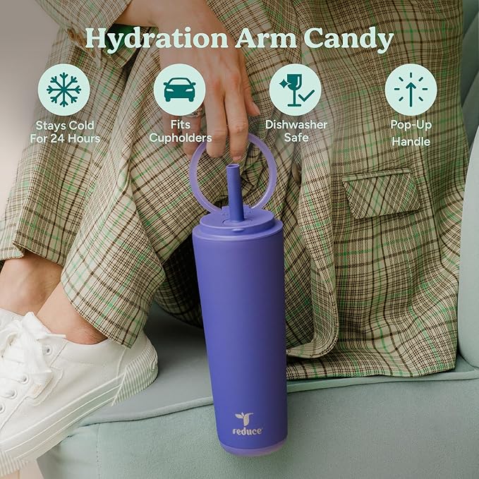 REDUCE Halo 24 oz Stainless Steel Vacuum Insulated Tumbler - Spill Proof Travel Mug with Flip Handle Lid - Keeps Drinks Cold for 32 Hrs - Dishwasher Safe - Cupholder Friendly - Pink Quartz