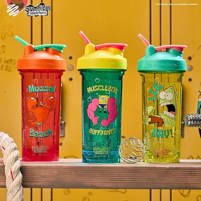 BlenderBottle Spongebob Shaker Bottle Pro Series Perfect for Protein Shakes and Pre Workout, 28-Ounce, Orange/Pink, Mussel Beach