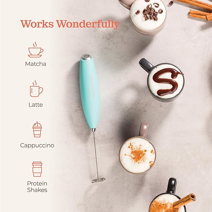 Powerful Handheld Milk Frother, Mini Milk Foamer, Battery Operated (Not included) Stainless Steel Drink Mixer with Frother Stand for Coffee, Lattes, Cappuccino, Frappe, Matcha, Hot Chocolate. (Aqua)