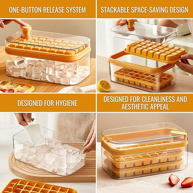Ice Tray with Lid and Bin, 64 Cube Silicone Mold with Easy Release Bottom, Stackable Design, BPA Free Material, Includes Scoop & Storage Box, Iced Coffee, Cocktails and Beverages