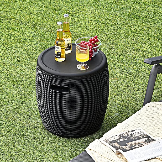 Giantex 9.5 Gallon Ice Cooler, Wicker Round Ice Chest, Outdoor Beer Wine Ice Bucket, Top Lid Side Handles Drainage Plug, Weather-resistant Patio Cool Bar Table for Cocktail Party Poolside Deck