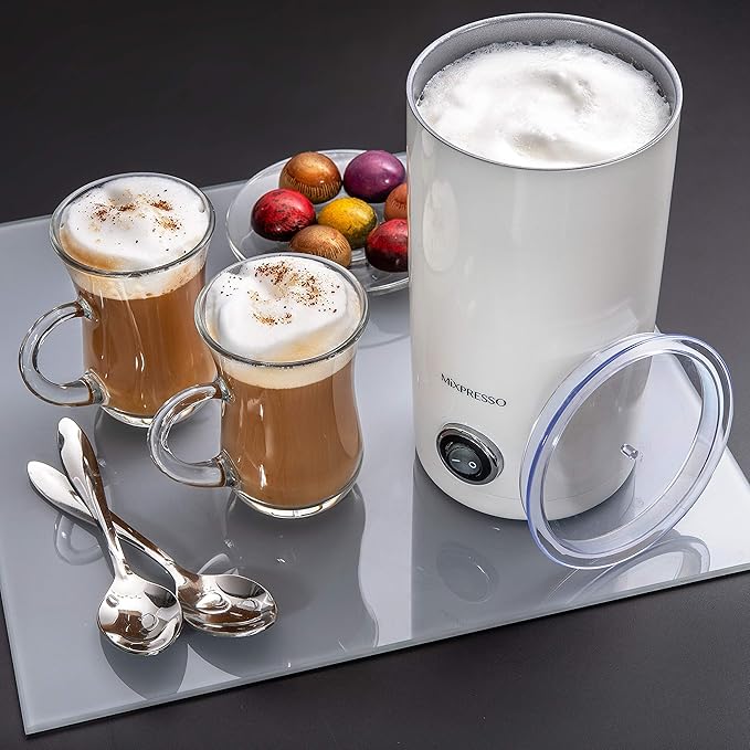 Mixpresso Electric Milk Frother, Stainless Steel Milk Steamer & Milk Warmer, Automatic Shutoff, Non-Stick Interior, Cool Touch, 9.4 oz/6.0oz Capacity, White Electric Frother