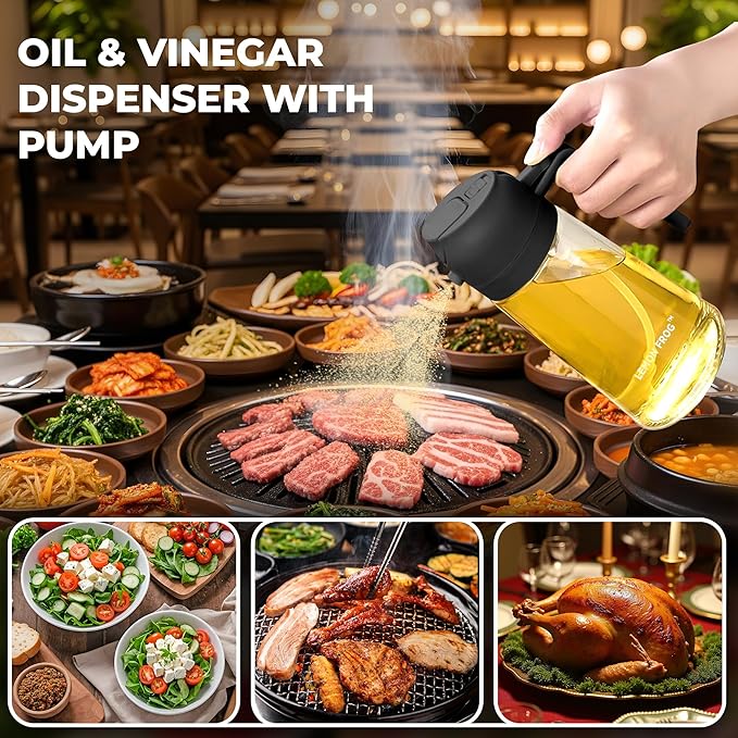 Oil Dispenser/Sprayer Glass Bottle for Kitchen- 2 in 1 Premium Design, 470mL/16oz for Day to Day Cooking, Barbecue, Air Fryer, Salad Prep- Leak Proof & Clean Operation.