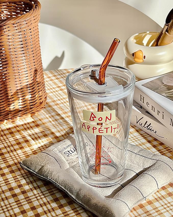 Olvini 15oz Glass Tumbler with Straw and Lid, Cute Iced Coffee Cups, Aesthetic Glass Cups, Coffee Tumbler, Water Cup, Matcha Cup, Drinking Glasses (Bon Appétit)