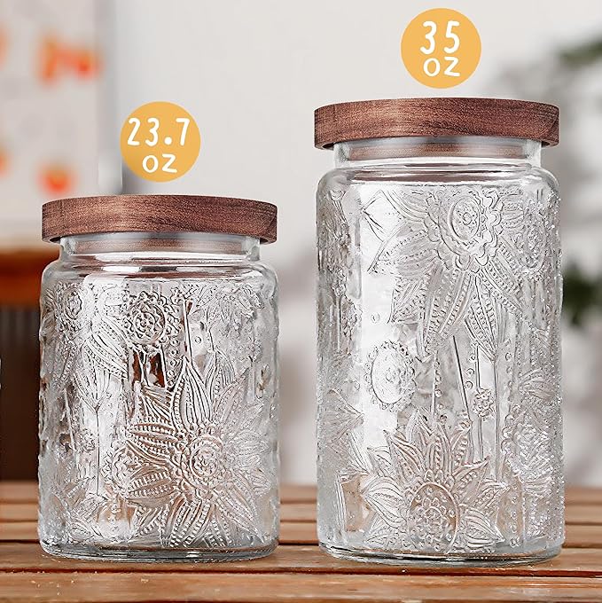 Custde Glass Storage Jars With Airtight Lid, 23.7oz Container For Kitchen Counter with Wooden Lid, brown sugar, candy, coffee, cookie, salt, tea, cute Jar (35oz Large Begonia Flowers)