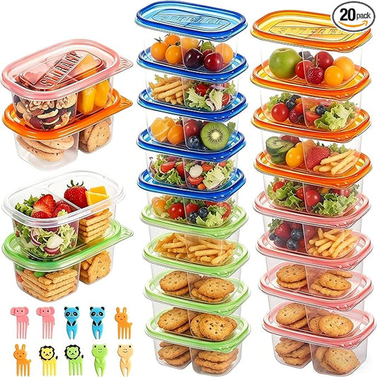 ALFEVA 20Pcs Reusable Snack Containers with Lids Portion Control, Meal Prep Containers for Kids Adults, 10 Forks, Double Compartment Snack Containers for Travel - Camping Essentials (4 Color)