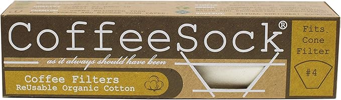 CoffeeSock ’The Original’ Reusable 100% Organic Cotton Coffee Filters - 2 pk Cone #4 Filters | Coffee Sock Cloth Drip 4 Coffee Filter | Organic Cotton Alternative - Zero-Waste & Eco-Friendly - C4