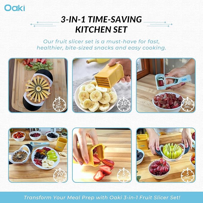 Oaki Bitty Bites Bundle | 3-in-1 Fruit Cutter Set | Apple, Grape, Strawberry Slicer & More | Precision Food Prep Slicer Set