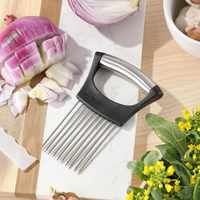 Onion Slicer, Mumulo Stainless Steel Onion Cutter for Slicing and Storage Onions, Tomato, Eggs and Vegetables, Protective Cover Included, Dishwasher Safe (Black)