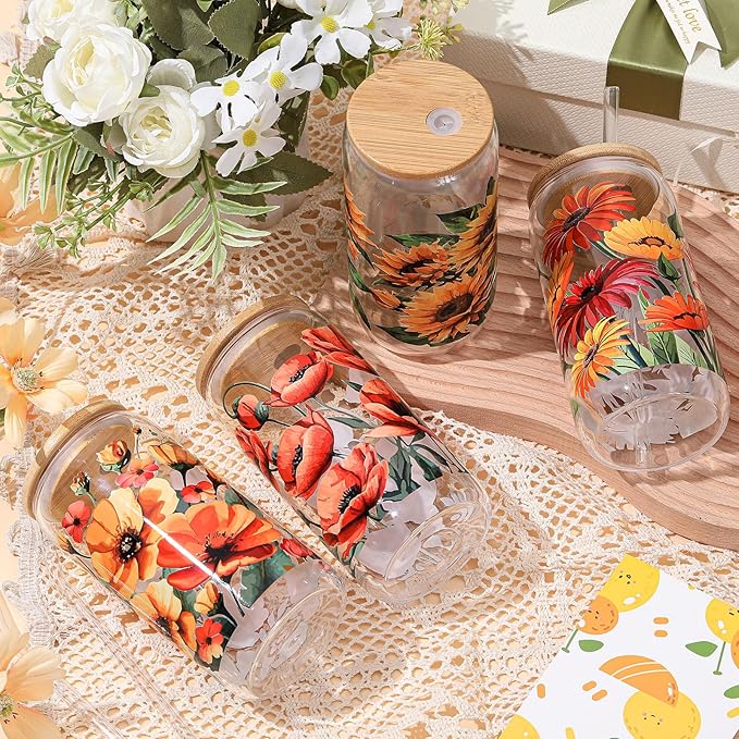 Mumufy 4 Pack Oil Flower Themed Gifts for Women Cute Glass Cup Tumbler Flower Iced Coffee Mugs 16 oz Glass with Bamboo Lid & Straw, Christmas Mothers Day Birthday Gift for Mom Sister Bridesmaid