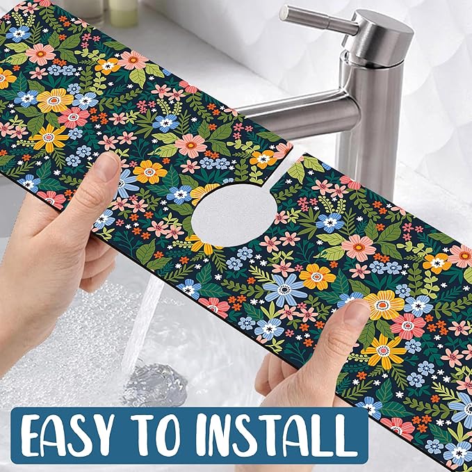 Colorful Flower Kitchen Sink Splash Guard Faucet Mat Flowers Leaves Super Absorbent Fast Drying Mat Sink Splash Guard Behind Faucet for Kitchen Bathroom, 23.5"x5.5"