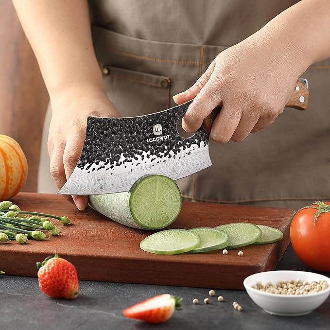 3PCS Butcher Knife Set, includes 7" Butcher Meat Cleaver, 7" Serbian Chef and 6.5" Viking Knife, Stainless Steel Kitchen Knife Set with Wood Handle, Geat for Indoor&Outdoor (Stylish Pattern)
