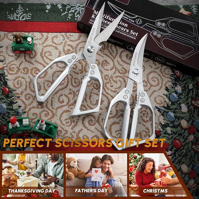 Huusk Kitchen Shears Set Silver - Professional Seafood & Kitchen Scissors Set, Sharp Japanese-Style Cooking Scissors for Crab, Shrimp, Lobster, Herbs and Food Prep, Christmas Gifts for Men Women