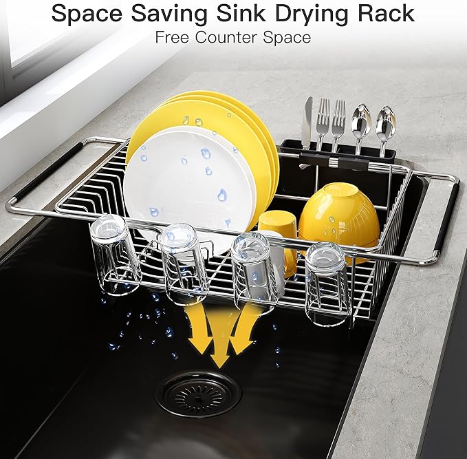 JASIWAY Dish Drying Rack in Sink, Expandable Stainless Steel Dish Drainers with Drainboard for Kitchen Counter, Space Saving Dish Dryer Rack, Over The Sink Dish Racks with Utensil Holder, Sliver