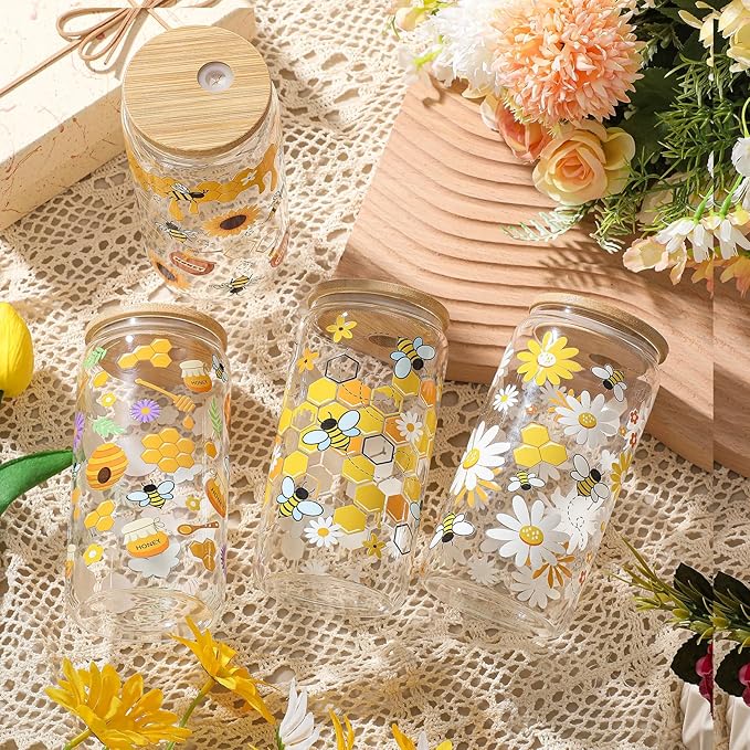 Mumufy 4 Pack Glass Cup with Bamboo Lid & Straw, 16 oz Iced Coffee Tumbler Set of 4, Honey Bee Floral Glass Cups, Reusable Clear Drinking Glasses for Iced Coffee, Tea, Smoothies, Gift for Women