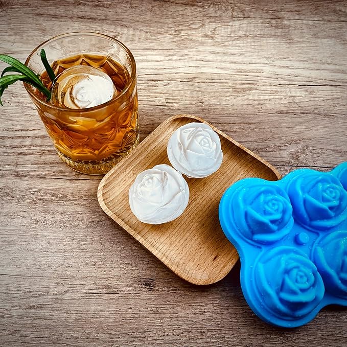 CAMKYDE Rose Ice Cube Tray 2 Inch [1 Mold + 1 Funnel + 6 Stoppers], 6 Cavity Silicone Rose Ice Cube Mold for Whiskey, Chilling Cocktails, Bourbon, Juice (Blue)