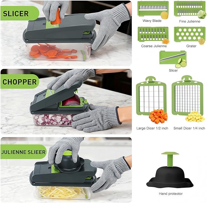 Mandoline Slicer for Kitchen, Vegetable Chopper & Dicer, Professional Food Slicer with Stainless Steel Blades, Safe Veggie Chopper for Onion Potato Carrot Fruit, Easy to Clean