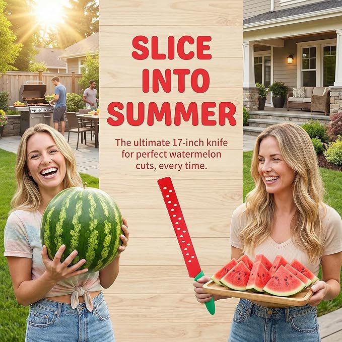 TOYANDONA 17 Inch Watermelon Cutter Serrated Fruit Knife with Protective Sleeve Large Stainless Steel Melon Knife for Watermelon Slicing and Summer Bbq Kitchen Tool
