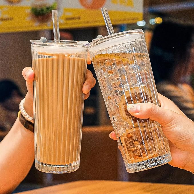 20oz Glass Tumblers with Lids and Straws - Stylish Vintage Ribbed Design for Iced Coffee, Juice, Smoothies, Milkshakes, Cold Beverages & Whiskey Cocktail Beer (Pure Vertical Stripes)