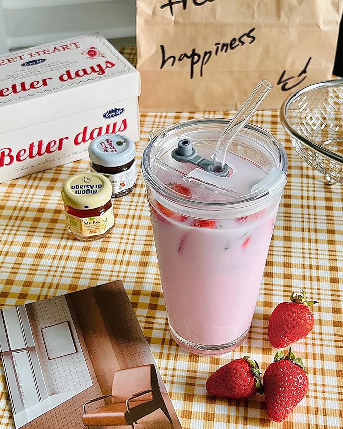 Olvini 15oz Glass Tumbler with Straw and Lid, Cute Iced Coffee Cups, Aesthetic Glass Cups, Coffee Tumbler, Water Cup, Matcha Cup, Drinking Glasses (Clear)
