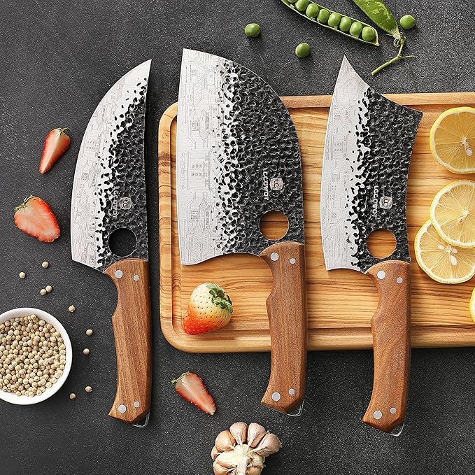 3PCS Butcher Knife Set, includes 7" Butcher Meat Cleaver, 7" Serbian Chef and 6.5" Viking Knife, Stainless Steel Kitchen Knife Set with Wood Handle, Geat for Indoor&Outdoor (Stylish Pattern)
