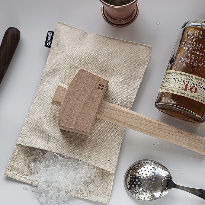 Ice Mallet and Lewis Bag Set – Wooden Hammer & Heavy Duty Canvas Bag for Crushed Ice | Reusable Bar Tool for Whiskey Cocktails Mojitos Home Bartending Essentials