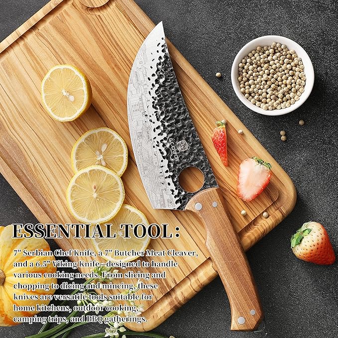 3PCS Butcher Knife Set, includes 7" Butcher Meat Cleaver, 7" Serbian Chef and 6.5" Viking Knife, Stainless Steel Kitchen Knife Set with Wood Handle, Geat for Indoor&Outdoor (Stylish Pattern)