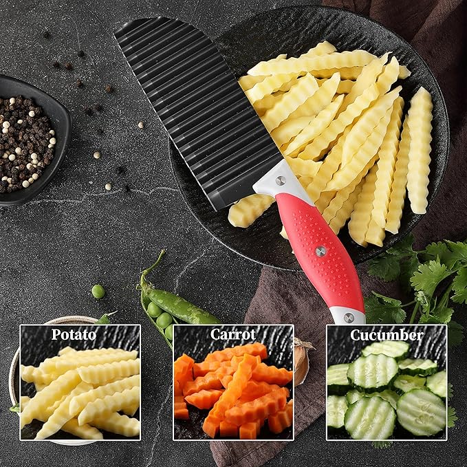 Crinkle Cut Knife, HIA Crinkle Cutter for Veggies, French Fry, Potato, Cucumber, Carrot and Fruit, Stainless Steel Wave Fries Cutter Slicer With Stylish Rubber Handle, Dishwasher Safe