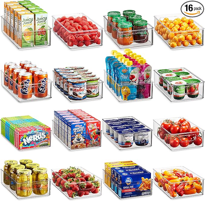 Munfix Set Of 16 Refrigerator Organizer Bins - Plastic Pantry Organization and Storage Baskets - Stackable Food Fridge Organizers with Cutout Handles for Freezer, Kitchen, Countertops, Cabinets