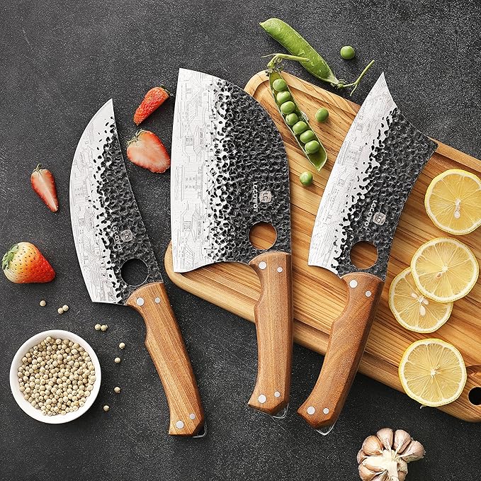 3PCS Butcher Knife Set, includes 7" Butcher Meat Cleaver, 7" Serbian Chef and 6.5" Viking Knife, Stainless Steel Kitchen Knife Set with Wood Handle, Geat for Indoor&Outdoor (Stylish Pattern)